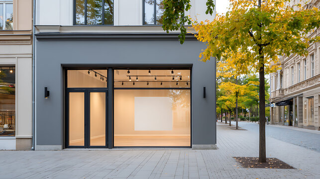 Empty storefront with large display window and gray exterior facing cobblestone street