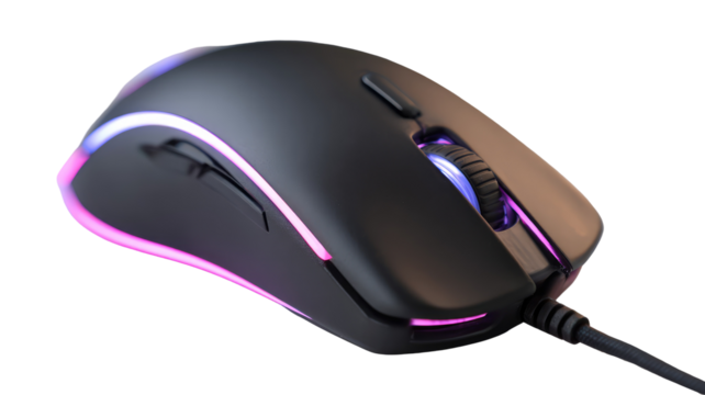 Black and Pink Gaming Mouse with RGB Edge Lighting on Transparent Background

