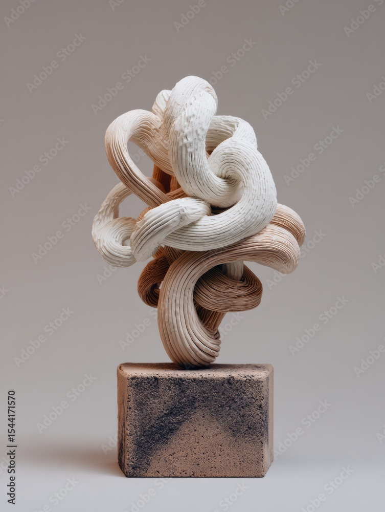 Poster Abstract Sculpture Depicting Tension With Flowing Curved Lines and Intricate Knots Crafted in a Clay Style Showcasing Artistic Fluidity and Form
