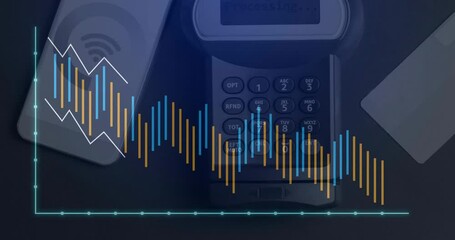 Fading-in bars overlaying payment terminal decreasing, sliding and visualizing trend fluctuations - Powered by Adobe