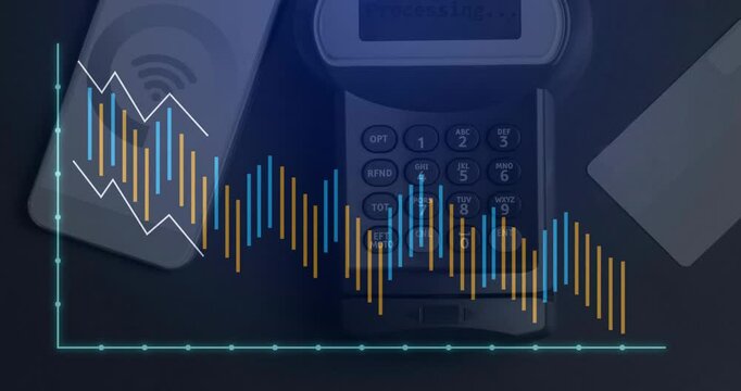 Fading-in bars overlaying payment terminal decreasing, sliding and visualizing trend fluctuations