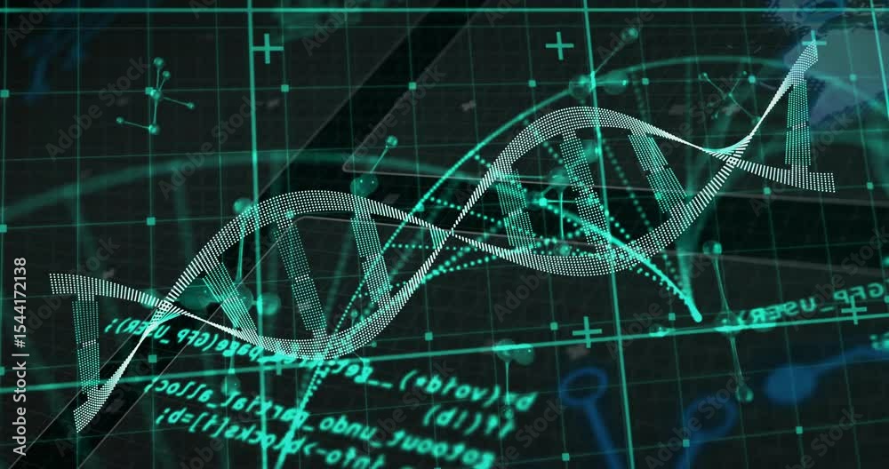 Poster entering left edge, 3d teal helix rotating while nodes pulsing and code inverting for data insight