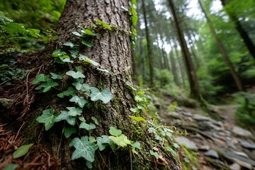 Naklejka premium Closeup of ivy growing on a tree trunk with blurred forest background.