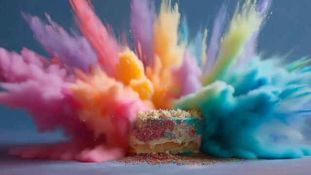 A cake becomes the epicenter of a breathtaking explosion of vibrant colored powders, symbolizing pure joy and celebratory energy