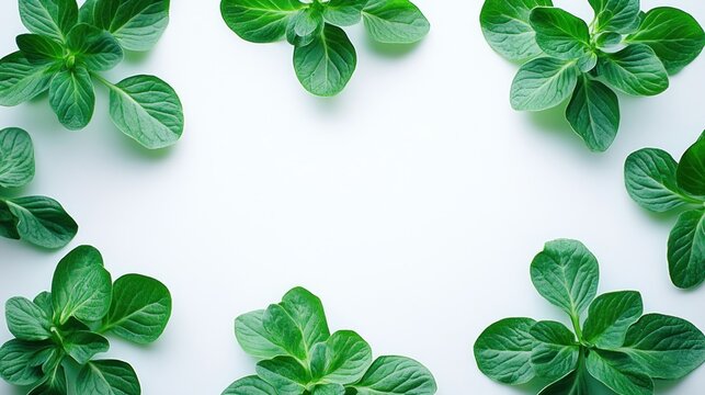 fresh green oregano sprigs arranged artfully around a clean white space creating an inviting culinary border for use in menus or as a vibrant food blog header design