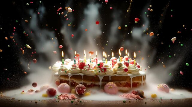 A birthday cake erupts in a joyous explosion of color and sweetness, capturing the exhilarating spirit of celebration