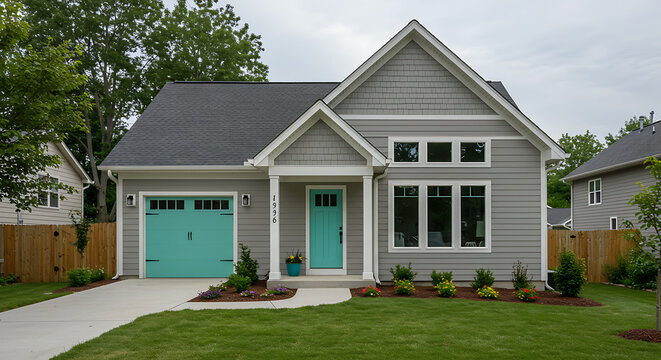 Modern gray cottage-style new construction home with teal front door and curb appeal, featuring hardie board siding exterior