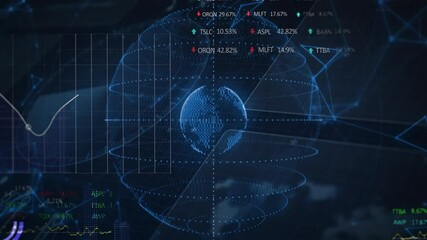 Faint wireframe orb emerging starting holographic globe rotating scanning rings showing stock data - Powered by Adobe