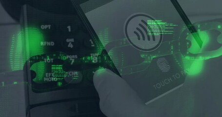 Hand approaching smartphone over terminal while green data streaming ensuring secure payment - Powered by Adobe