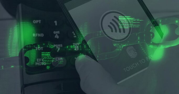 Hand approaching smartphone over terminal while green data streaming ensuring secure payment