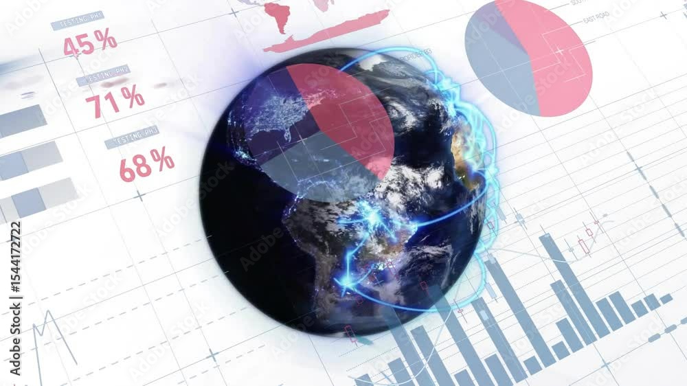 Poster 3D globe appearing and rotating, charts emerging and arcs intensifying visualizing data trends