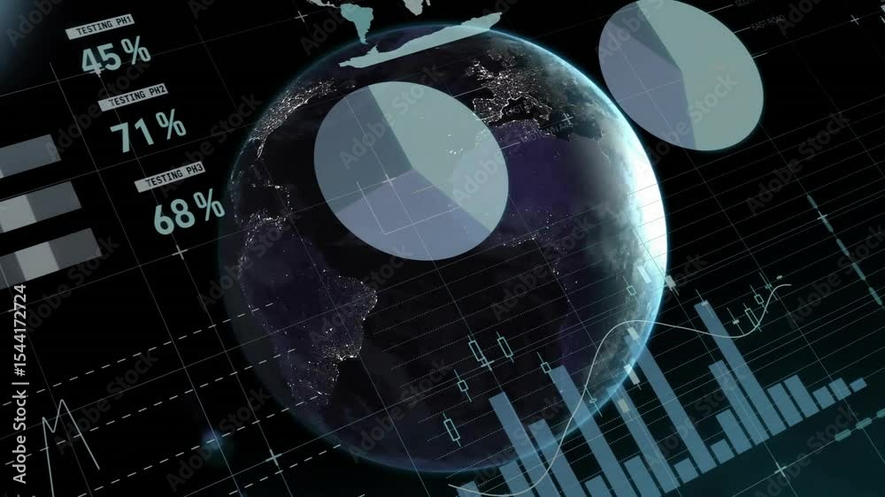Poster globe rotating with data table updating gauge cycling pie charts sliding map fading graphs rising