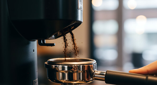 Fresh ground coffee falling into portafilter from electric grinder – barista making espresso preparation close-up