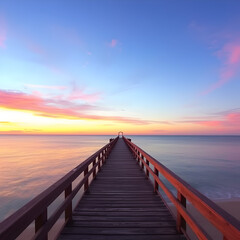 Obraz premium Serene Sunset Pier: A long wooden pier stretches towards the horizon, disappearing into a breathtaking sunset painted across the sky in hues of pink, purple, and blue.