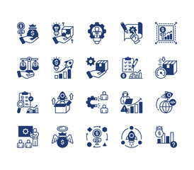 Startup Business icon set, with Product market fit, MVP (Minimum Viable Product), Customer acquisition, Business model, Venture capital, Prototype, Funding.