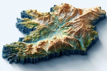 Ireland rendered as a vivid elevation model with detailed contours, mountain ranges, and waterways; representing entire landmass; great for cartographic visuals, travel, or academic content.