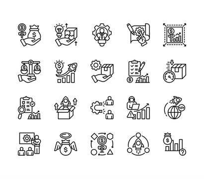 Startup Business icon set, with Product market fit, MVP (Minimum Viable Product), Customer acquisition, Business model, Venture capital, Prototype, Funding.