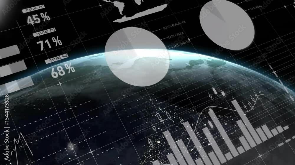Poster fading ui elements initiating over grid while revolving 3d earth globe showcasing live data metrics