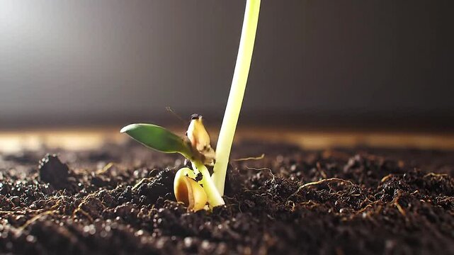 Animated growth sequence of seed pushing out root and stem from below the dirt