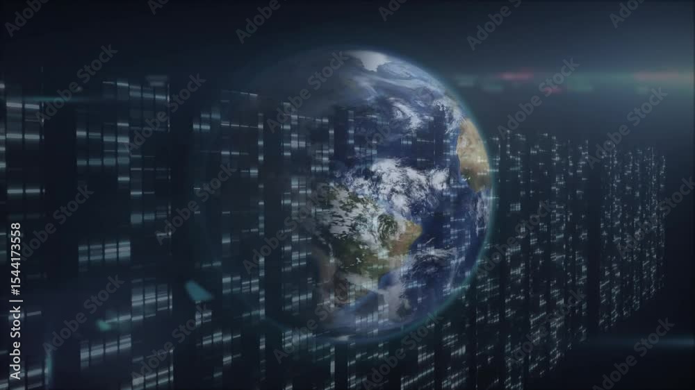Poster on startup rotating earth globe appearing through flickering data panels visualizing data flow