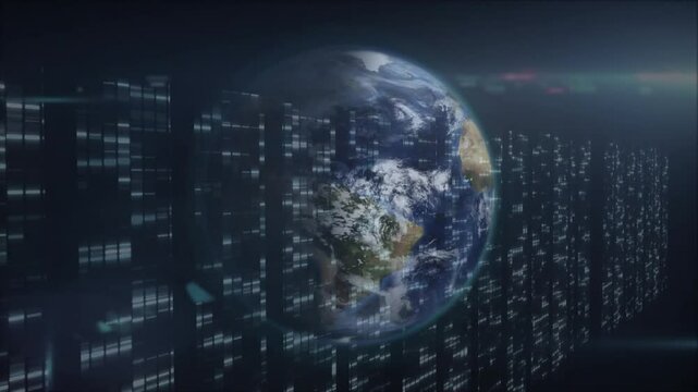 On startup rotating Earth globe appearing through flickering data panels visualizing data flow