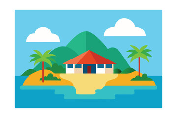 Obraz premium Tropical Island Getaway Beach House Paradise Illustration