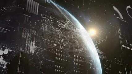 Dark space starting wireframe Earth emerging grids fading, sun glowing, mapping global connections - Powered by Adobe