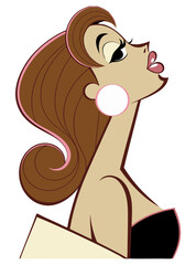A stylish cartoon illustration of a woman looking upwards with an expressive pose. It conveys elegance, contemplation, or a moment of reflection.