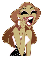 A vibrant cartoon illustration of a woman caught in a burst of joyful laughter, covering her mouth with her hand. It conveys happiness, amusement, and a lighthearted mood.
