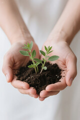 realistic close up of hands holding shoots of growing herbal plants and the soil as if making an offering. white background