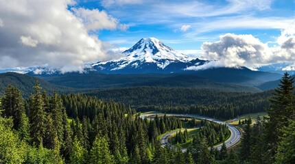 Majestic mountain panorama.  Vast vista of snow-capped peak, winding road through lush forests, and a vibrant sky