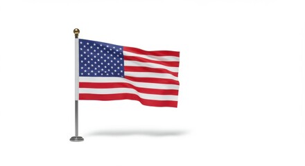 Obraz premium Miniature United States flag on a pole, waving slightly on a white background