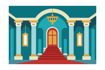 Grand Entrance Majestic Columns, Red Carpet, and Teal Walls