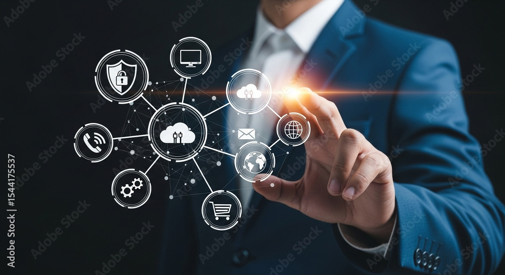Poster A man in a suit interacting with a digital interface showing cloud computing and network connections