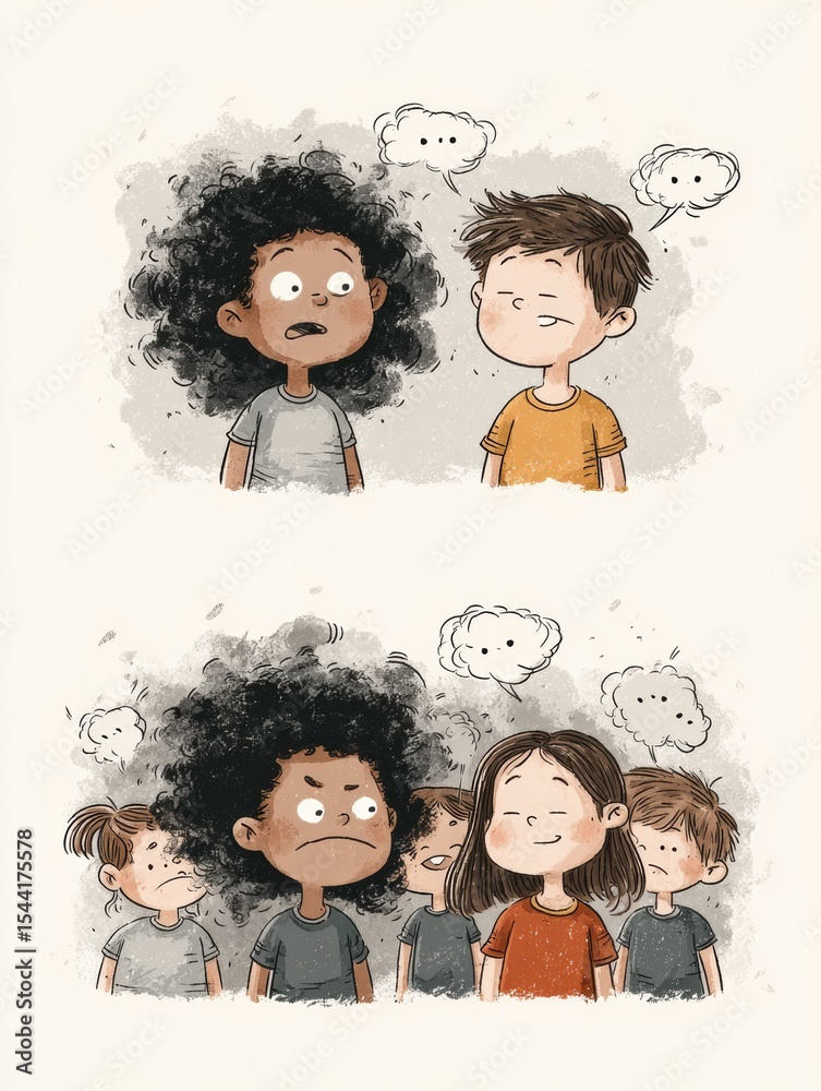 Poster understanding teasing and bullying with clear illustrated examples for kids to recognize different b