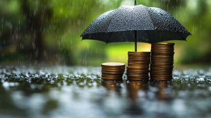 conceptual image illustrating financial security during an economic downturn with coins under an umbrella in the pouring rain symbolizing protection against market volatility and financial uncertainty