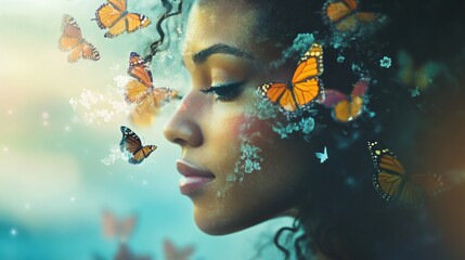 Enchanted portrait of a young woman surrounded by butterflies in soft light