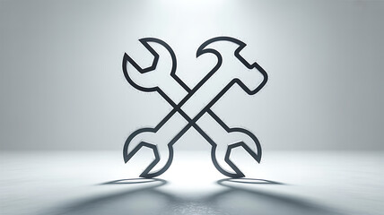 Isolated black outline of crossed wrench and hammer on a white background