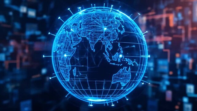 Digital wireframe globe rotating above a tech background with data flow elements
