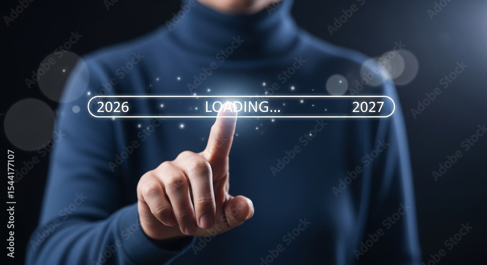 Aufkleber Man pointing at loading bar with years on either side showing progress to the year two thousand twenty seven
