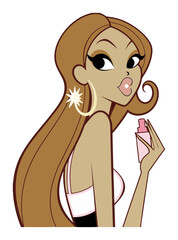 A stylish cartoon illustration of a woman with long hair, holding a pink perfume bottle and looking over her shoulder. It evokes themes of beauty, glamour, and personal care.