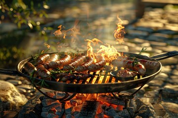 Pixel Perfect Image of a Barbecue Grill with Sausages and a Pan of Food on the Fire
