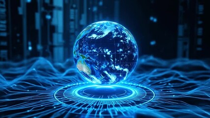 Floating holographic sphere of Earth above circuit background and data links - Powered by Adobe