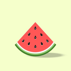 Flat vector of a fresh watermelon slice with visible seeds and soft shadow on a light background. Ideal for summer themes, kids content, healthy food promotions, and fun visuals