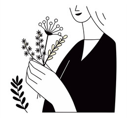 A minimalist black and white line art illustration of a person holding a small bouquet of wildflowers. It evokes nature, simplicity, and a gentle, organic aesthetic.