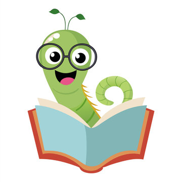 A cheerful, green cartoon bookworm wearing glasses, happily emerging from an open book, symbolizing reading, learning, and knowledge.