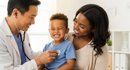 Fototapeta premium Joyful Pediatrician Examining Happy Child with Mother in Clinic