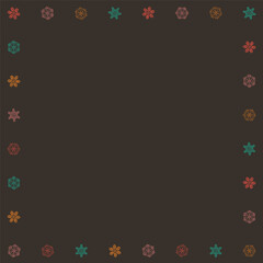 Blank square frame consists of various colorful snowflakes childish hand drawn style on brown background graphic illustration.