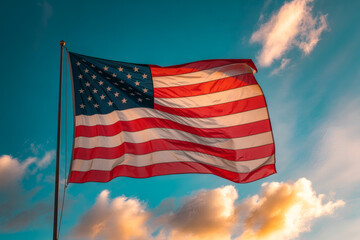 Dramatic Wide-Angle View of the American Flag Waving Against a Vibrant Sunset Sky