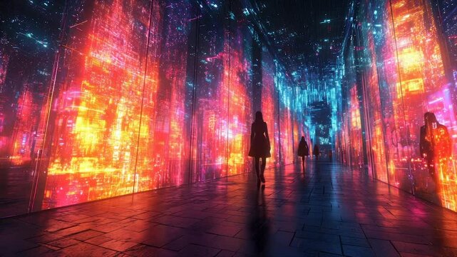 Woman walks futuristic city corridor, vibrant neon lights - Powered by Adobe